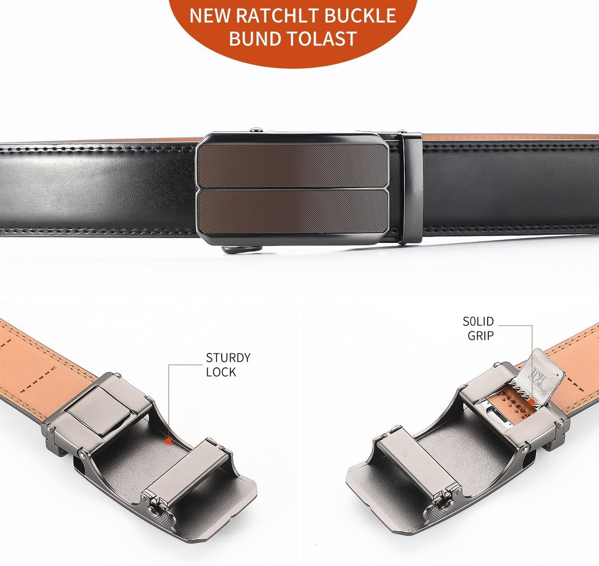 Men's Adjustable Leather Belt Strap & Zinc Alloy Automatic Ratchet Buckle, Customizable for Business Casual & Formal Wear