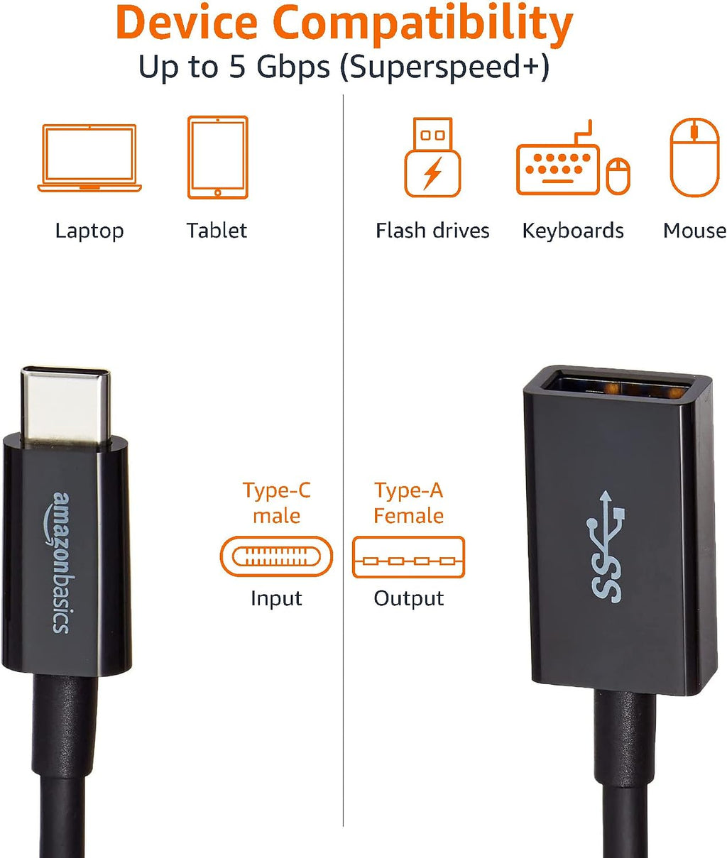 Amazon Basics USB-C (Male) to USB-A (Female) Adapter Cable Converter, USB 3.1 Gen 1, 5Gbps High-Speed, USB-IF Certified, for Laptops, Tablets, Phones (iPhone 16/15), Black