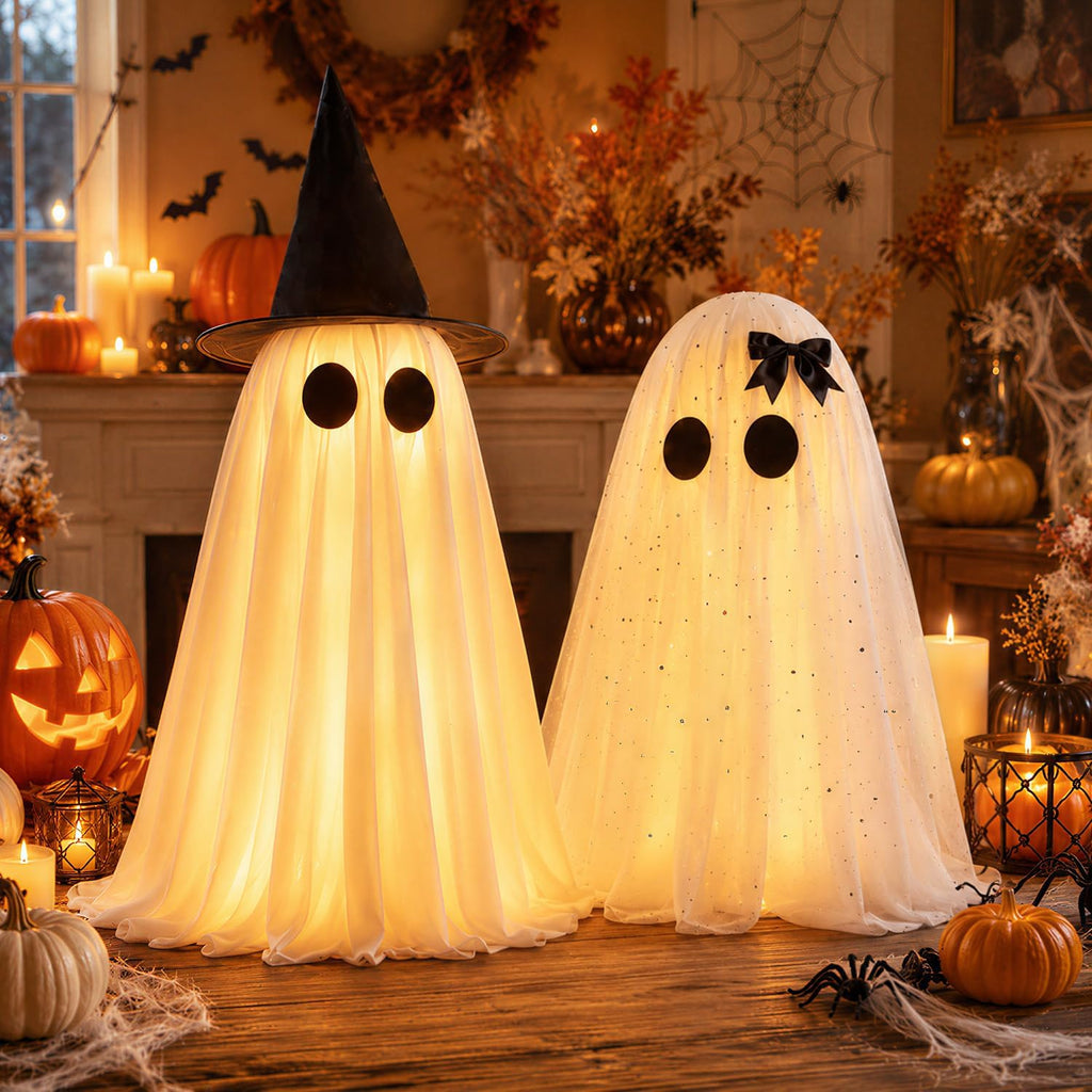 2 Pack Halloween Decorations Indoor & Outsoor, Spooky Light Up Ghost with Witch Hat, Glowing Ghost Table Decor with Sparkling Tulle & Elegant Bow, Halloween Decor for Table, Fireplace, Kitchen, Office