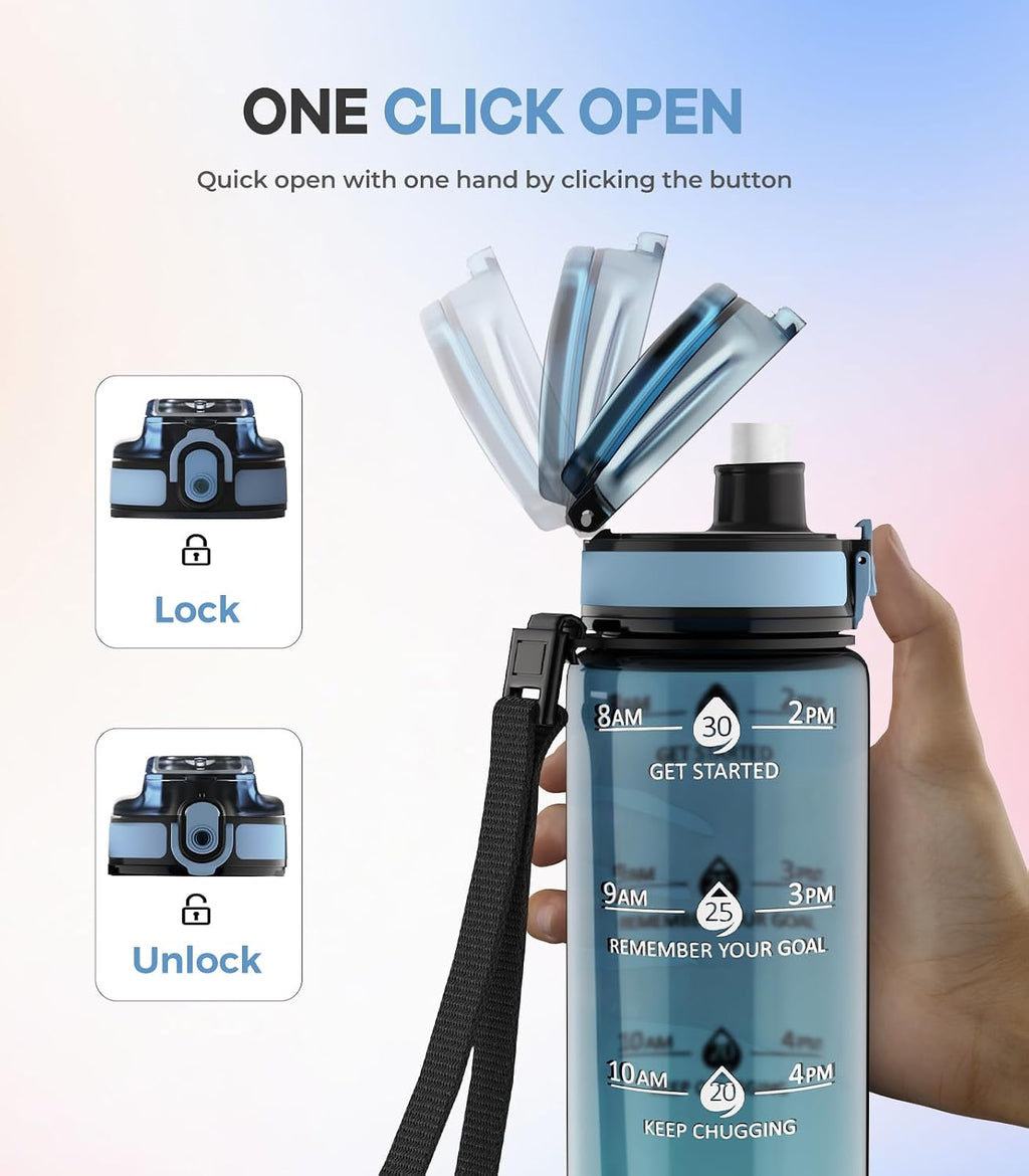 1L Water Bottle Made of BPA-Free Tritan Material, Sports Water Bottle with Removable Straw & Hydration Time Markerings, Ideal for Gym, Travel, Home, School and Outdoor Activities - Dusty-Blue