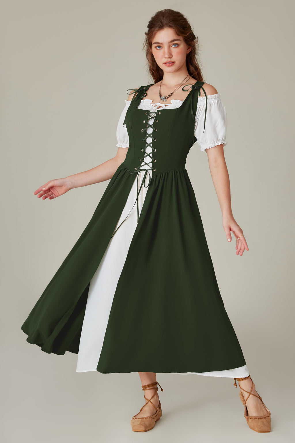 SCARLET DARKNESS Women 2Pcs Renaissance Maxi Dresses Off Shoulder Short Sleeve Lace-up Irish Costume with Over Dress