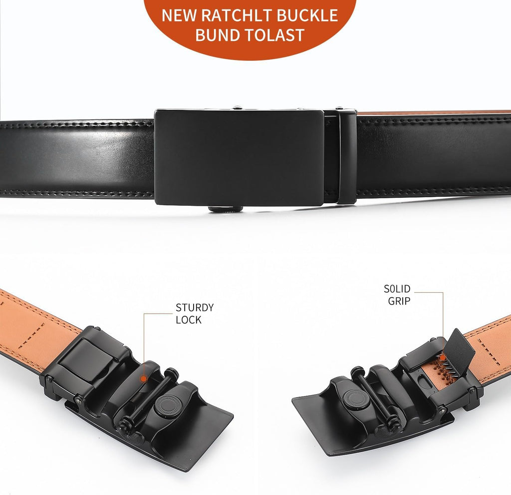 Men's Adjustable Leather Belt Strap & Zinc Alloy Automatic Ratchet Buckle, Customizable for Business Casual & Formal Wear