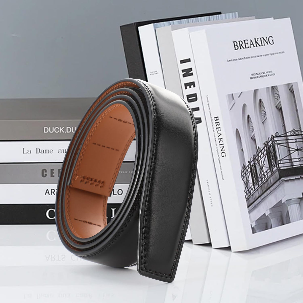 Men's Adjustable Leather Belt Strap & Zinc Alloy Automatic Ratchet Buckle, Customizable for Business Casual & Formal Wear