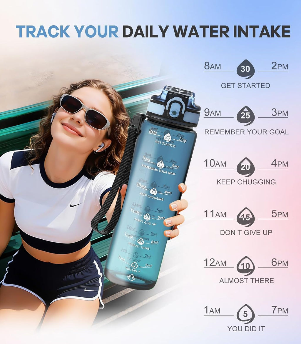 1L Water Bottle Made of BPA-Free Tritan Material, Sports Water Bottle with Removable Straw & Hydration Time Markerings, Ideal for Gym, Travel, Home, School and Outdoor Activities - Dusty-Blue