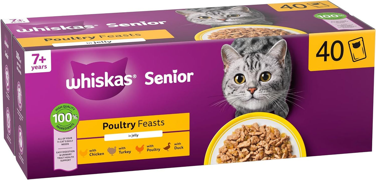 WHISKAS Senior 7+ Wet Cat Food in Jelly 40x85g Poultry Feasts