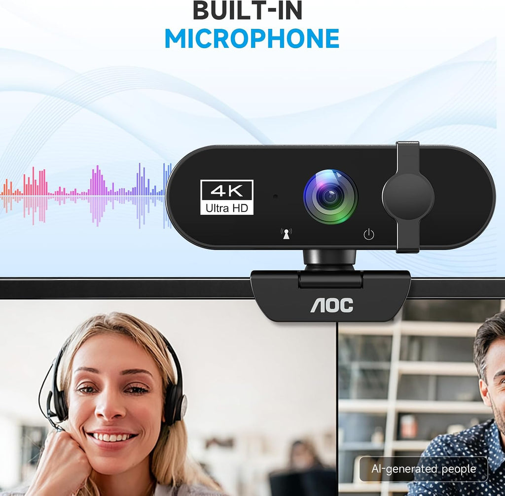 AOC Webcam for PC with Microphone, 4K Webcam Privacy Cover, Plug & Play