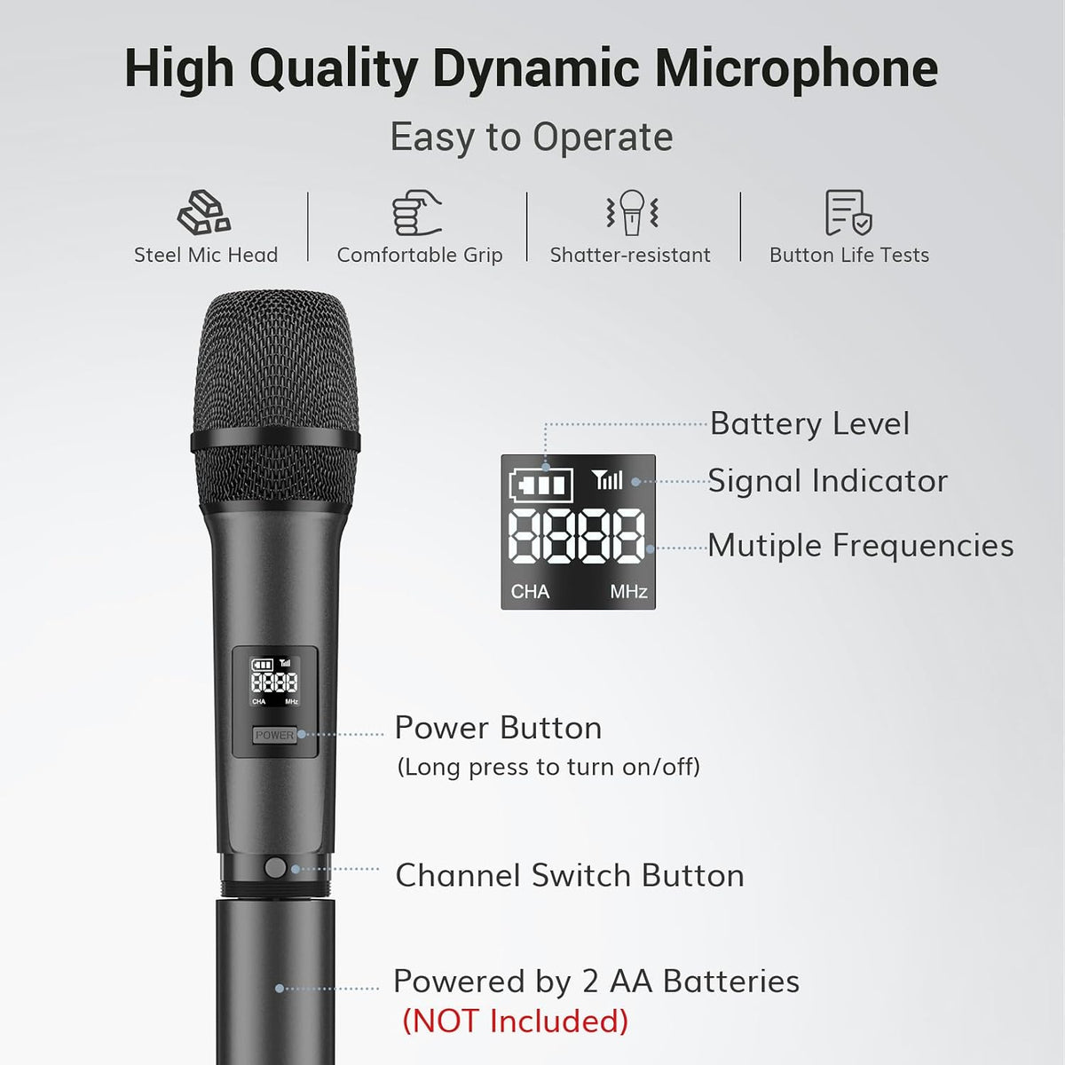 Wireless Microphones Dual UHF Handheld 60m Karaoke System Grey TONOR Mics