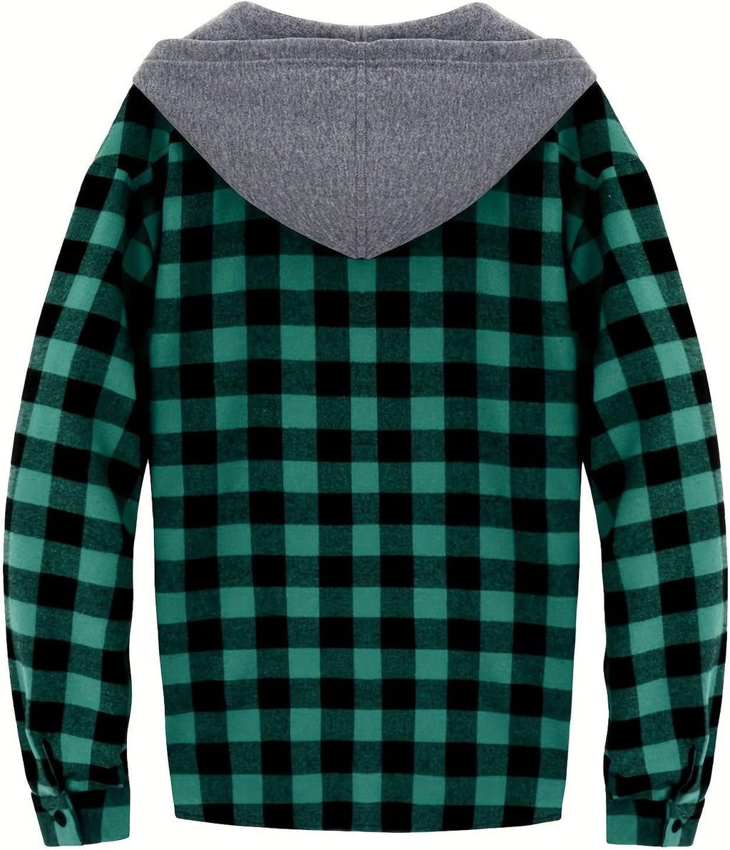 Men's Casual Plaid Hooded Shirt with Chest Pocket & Adjustable Drawstring - Stylish Long Sleeve Fall Casual Button-Up