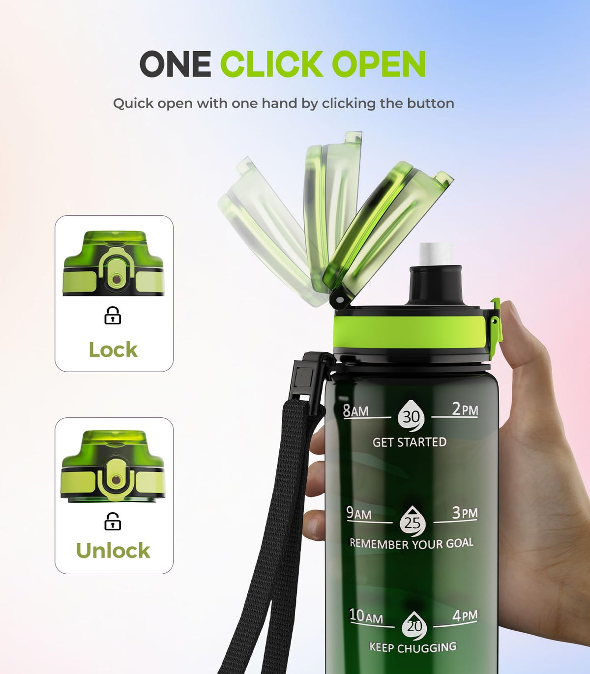 1L Water Bottle Made of BPA-Free Tritan Material, Sports Water Bottle with Removable Straw & Hydration Time Markerings, Ideal for Gym, Travel, Home, School and Outdoor Activities - Dusty-Blue