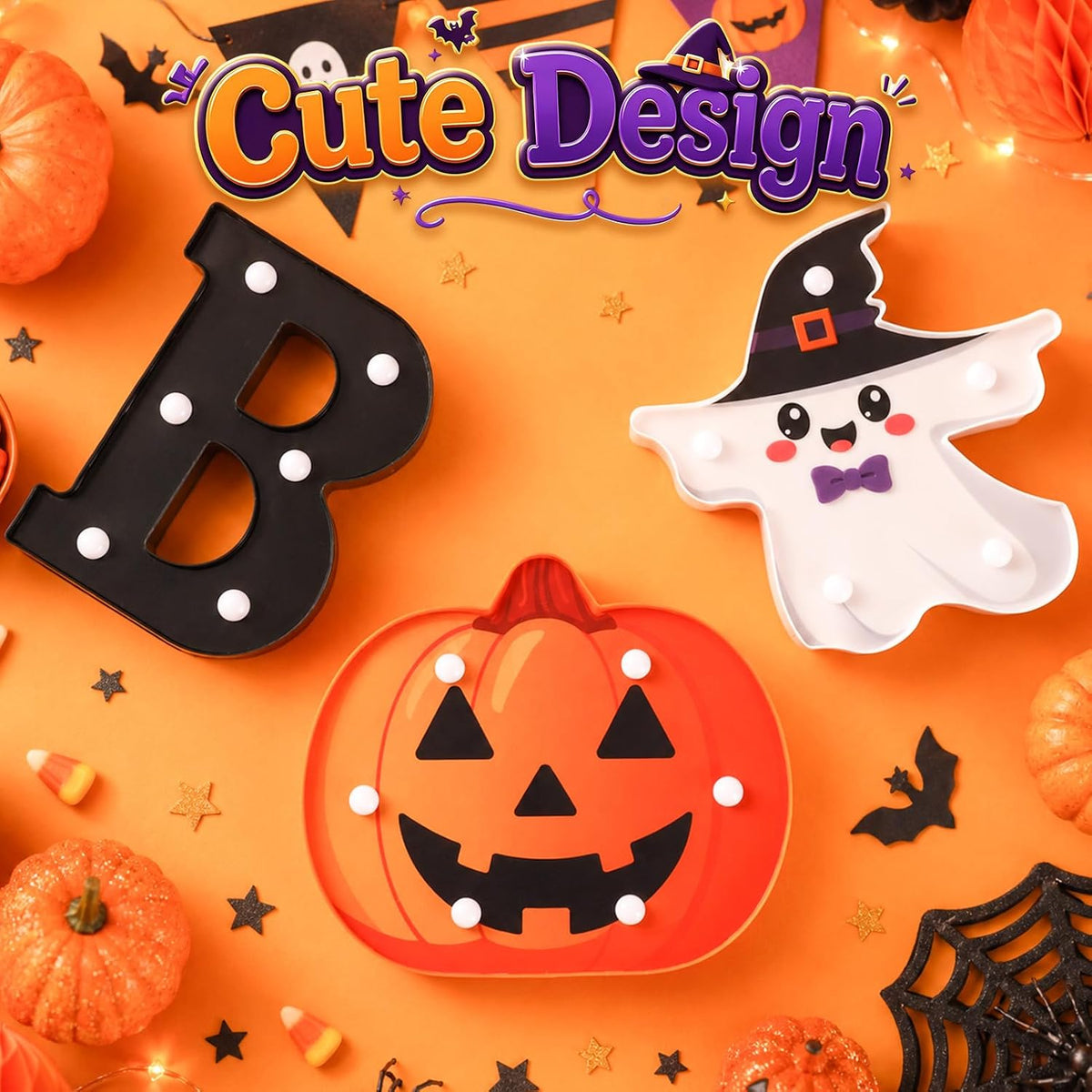 3 Pack 6.5 In Halloween Cute BOO Pumpkin Ghost Light up Letters Sign