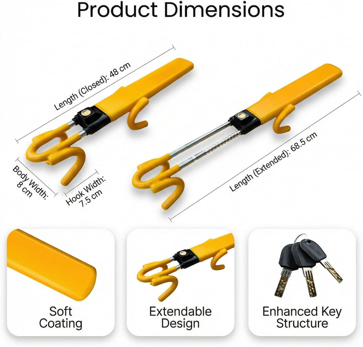 Steering Wheel Lock Twin Bar Anti Theft Universal Adjustable Yellow 3 Keys Car
