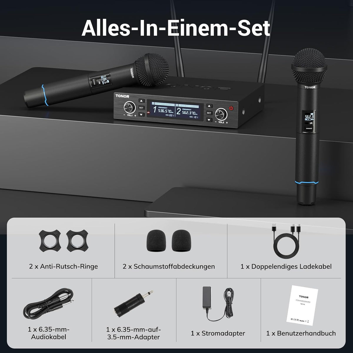 Wireless Microphone Set UHF Rechargeable 100m Auto Scan Dual TONOR Mics