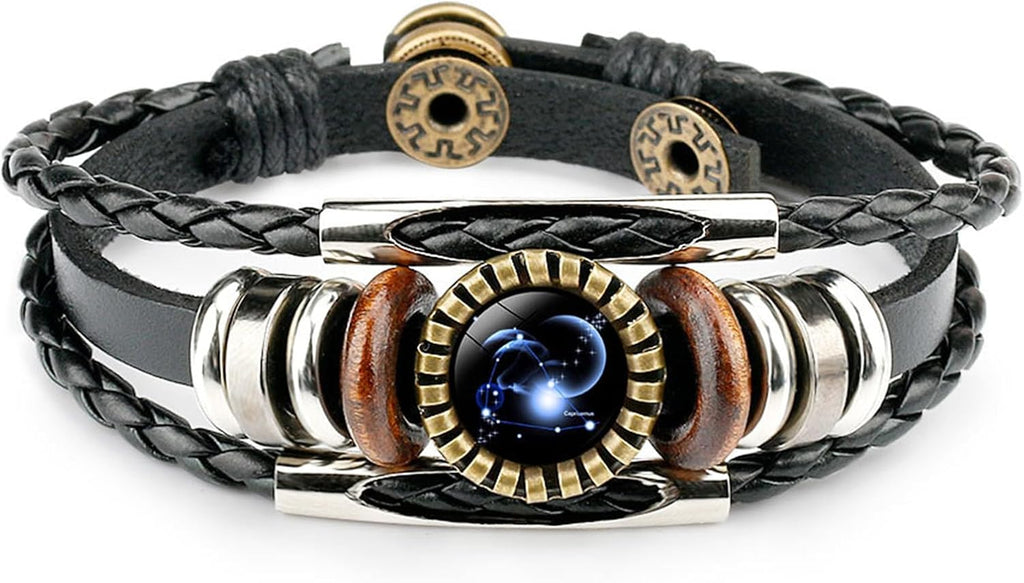 Constellation Black Braided Leather Bracelet Sagittarius Scorpio Pisces Braided Glass Dome Jewelry Punk Men's Bracelet