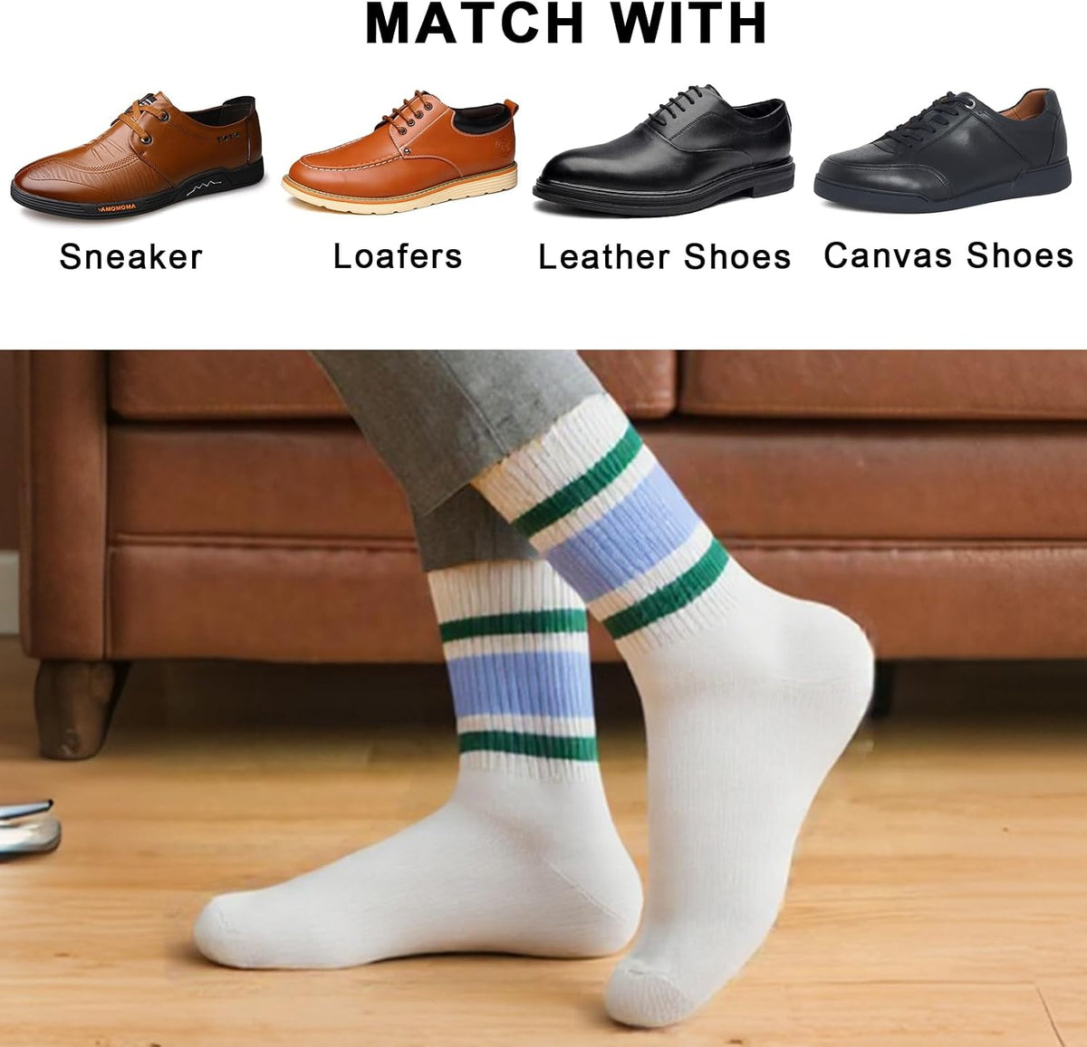 2-Pack Striped Cotton Crew Socks, Comfortable and Breathable Socks for Men and Women, Fashionable Casual and Athletic Socks