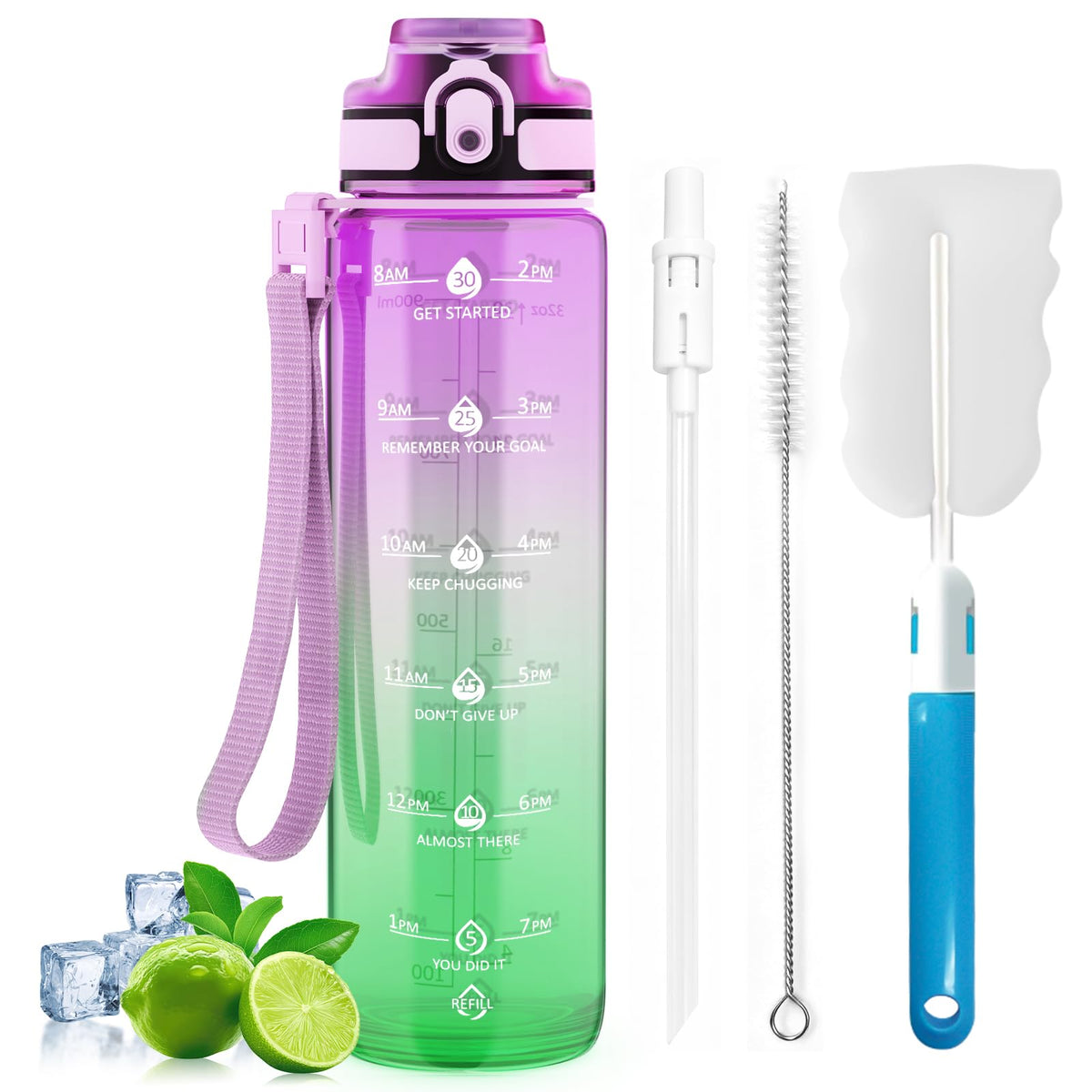 1L Water Bottle Made of BPA-Free Tritan Material, Sports Water Bottle with Removable Straw & Hydration Time Markerings, Ideal for Gym, Travel, Home, School and Outdoor Activities - Dusty-Blue