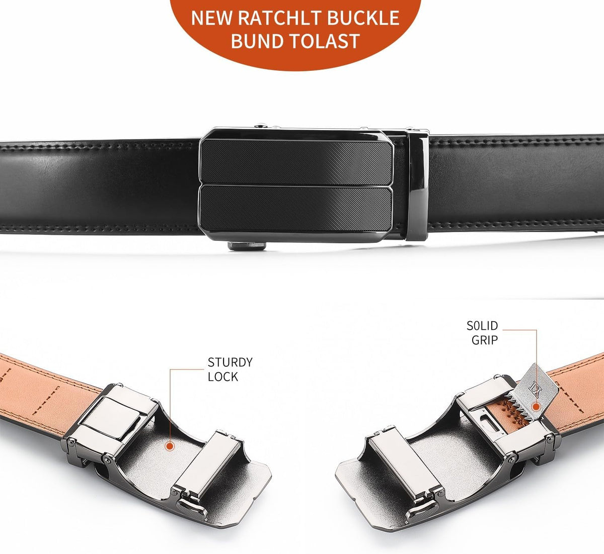 Men's Adjustable Leather Belt Strap & Zinc Alloy Automatic Ratchet Buckle, Customizable for Business Casual & Formal Wear