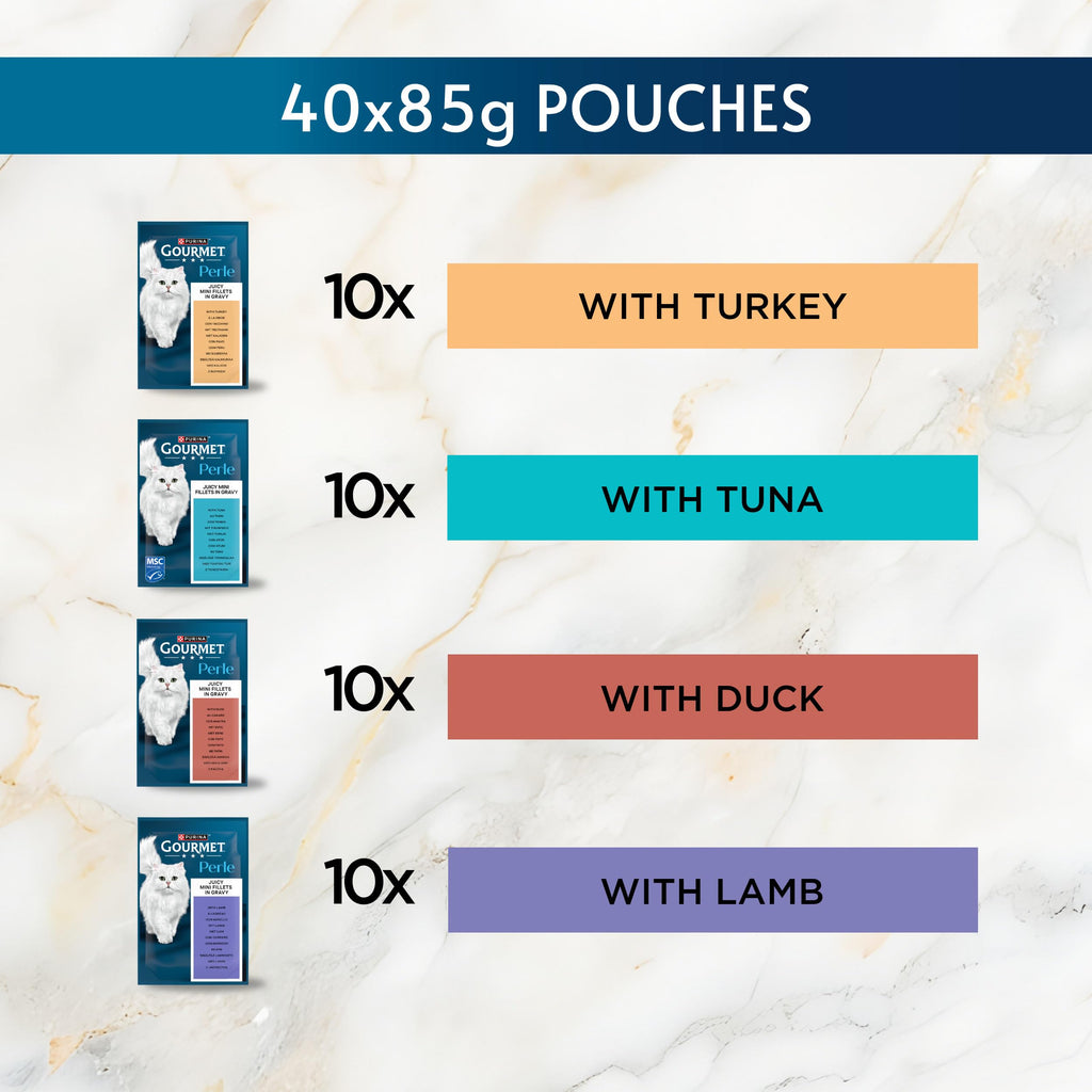 GOURMET Perle Ocean Collection Adult Wet Cat Food Mini Fillets in Gravy Tuna, Shrimp, Plaice, Salmon, White fish, Ocean Fish 40 x 85g Pouches