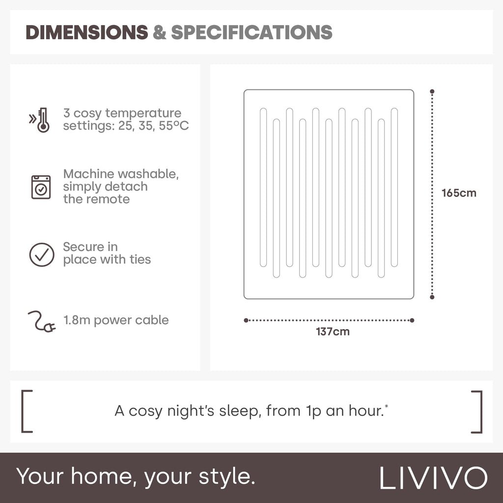 LIVIVO Electric Blanket King Size - Heated Underblanket for Bed - 165x137cm