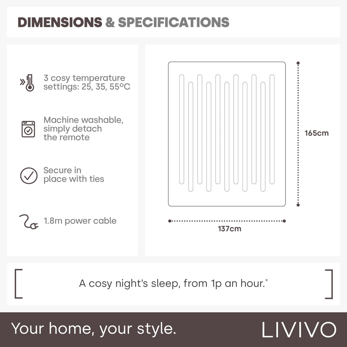 LIVIVO Electric Blanket King Size - Heated Underblanket for Bed - 165x137cm