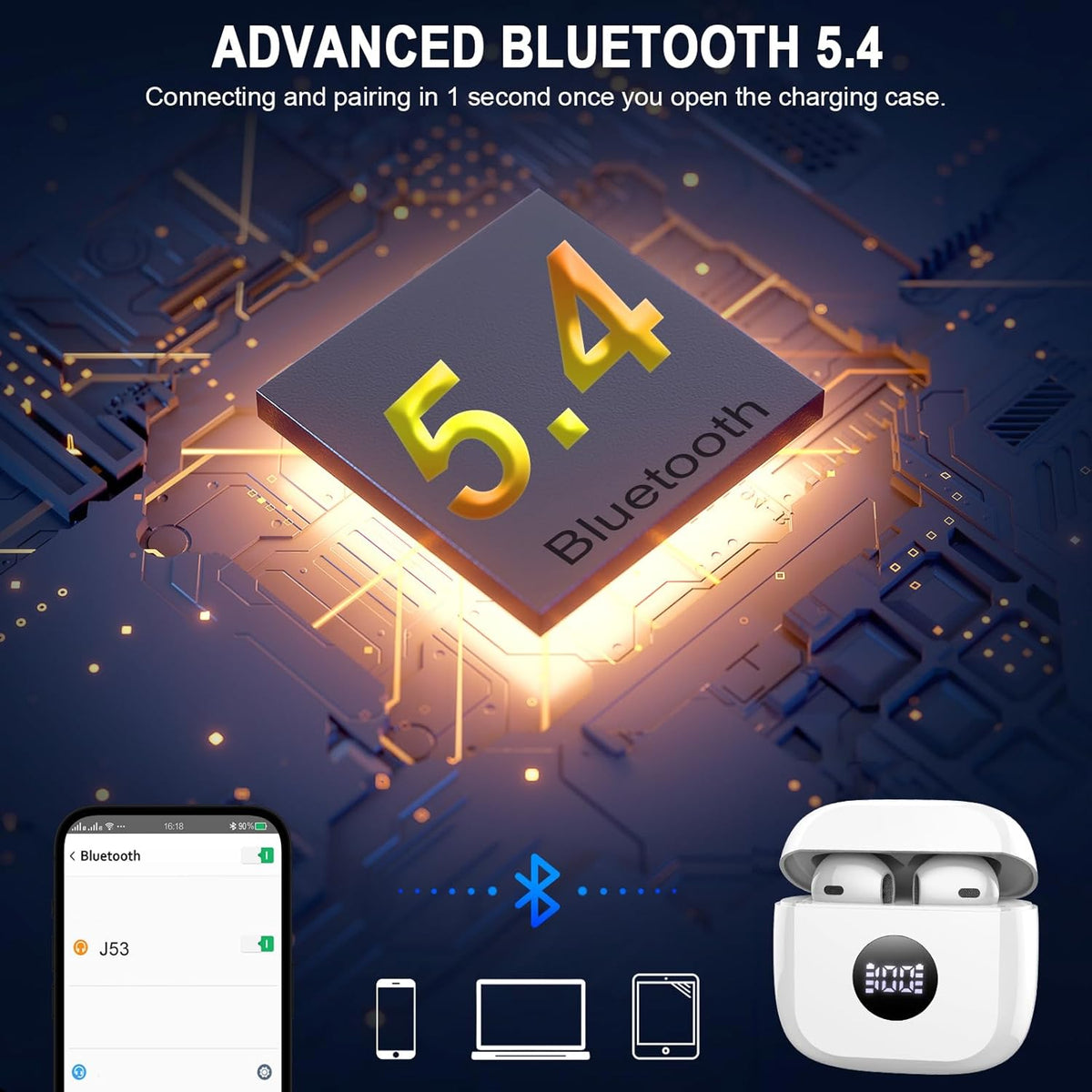 Wireless Earbuds Bluetooth 5.4 Deep Bass 40H Playtime ENC Mic Waterproof Jxrev
