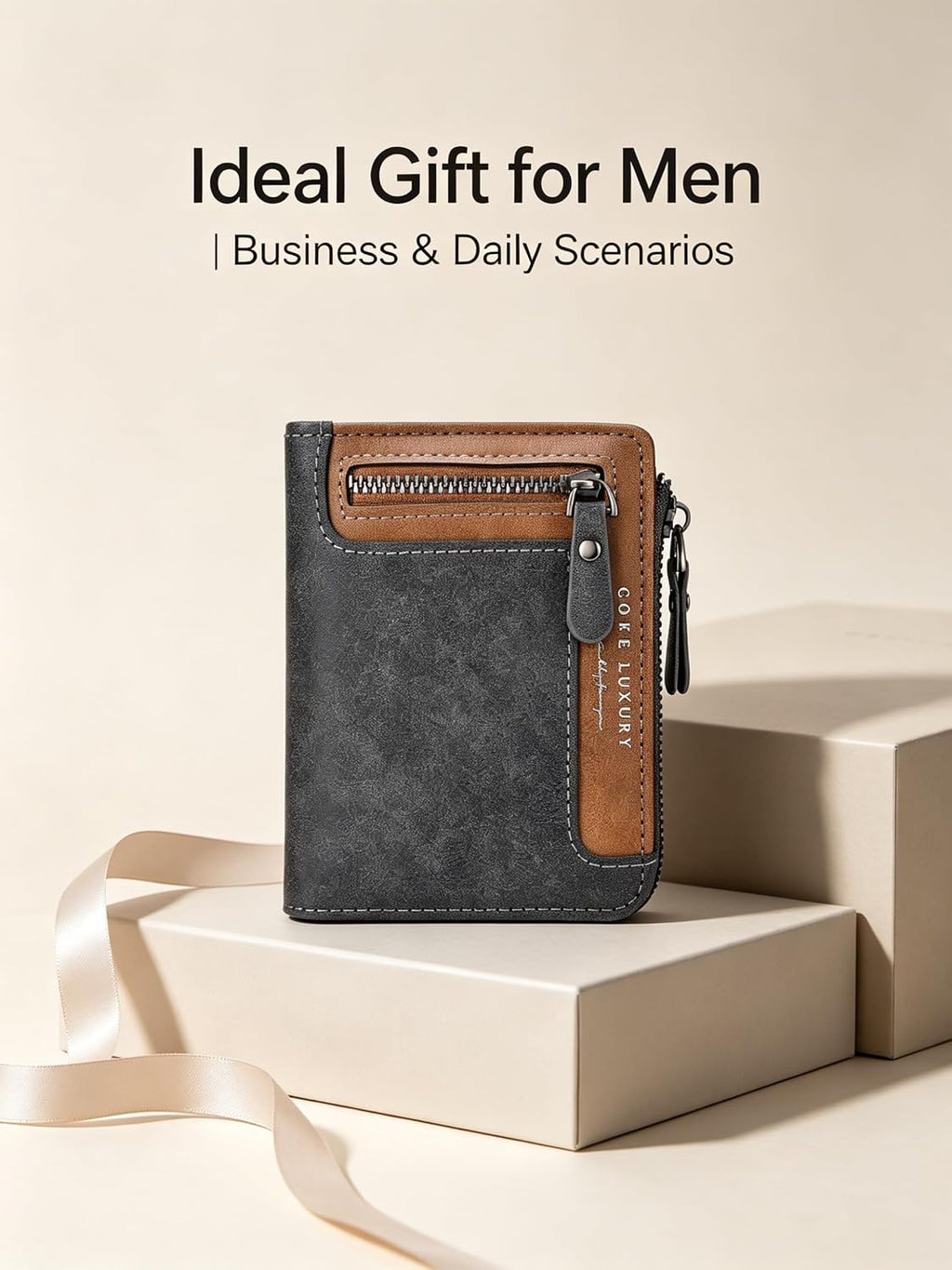 Mens Wallets Leather, Blue Men's Wallet with Zipper Closure, RFID Blocking, Coin Storage, 5 Card Slots & Window ID Display, Suitable for Daily Use & Work, Ideal Gift for Men Black