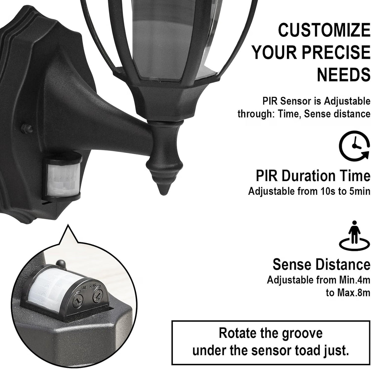 Outdoor Wall Light PIR Motion Sensor Waterproof E27 Black Aluminium Porch Lantern
