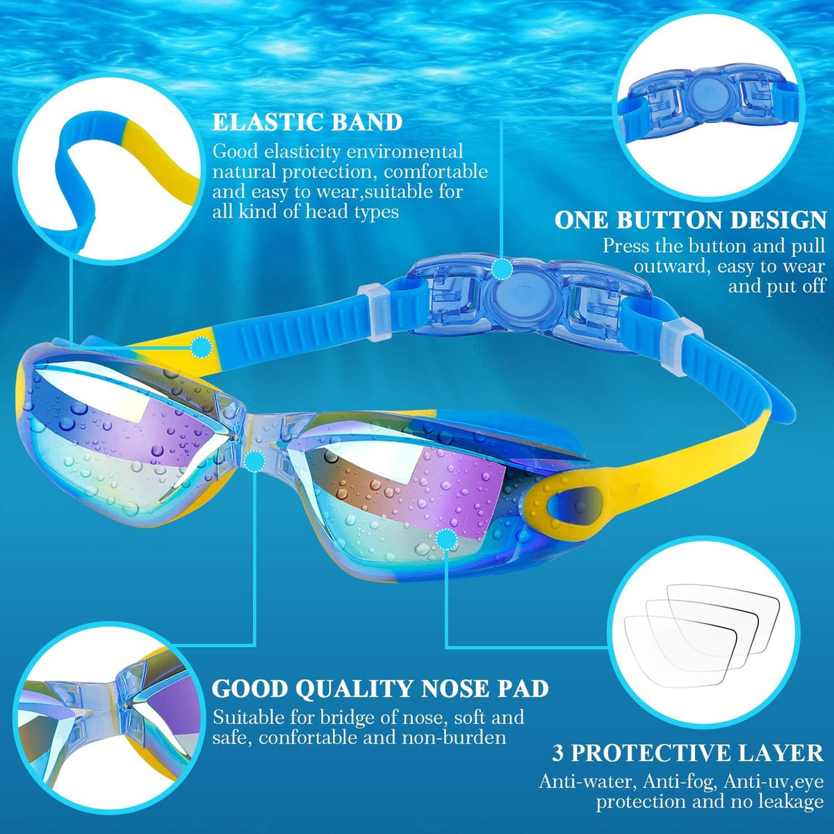 COOLOO Kids Swimming Goggles for Age 3-16, 2 Packs Anti-Fog Swim Goggles