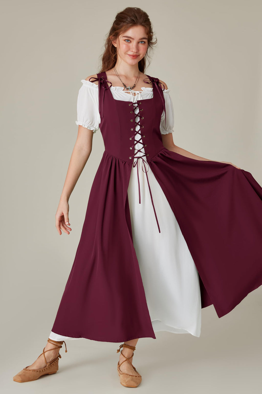 SCARLET DARKNESS Women 2Pcs Renaissance Maxi Dresses Off Shoulder Short Sleeve Lace-up Irish Costume with Over Dress