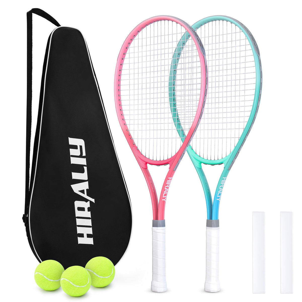HIRALIY 27" Tennis Rackets Set of 2, 3 Tennis Balls, 2 Tennis Racquets, 2 Overgrip Tapes and 1 Carrying Bag Outdoor Recreational Sport Game