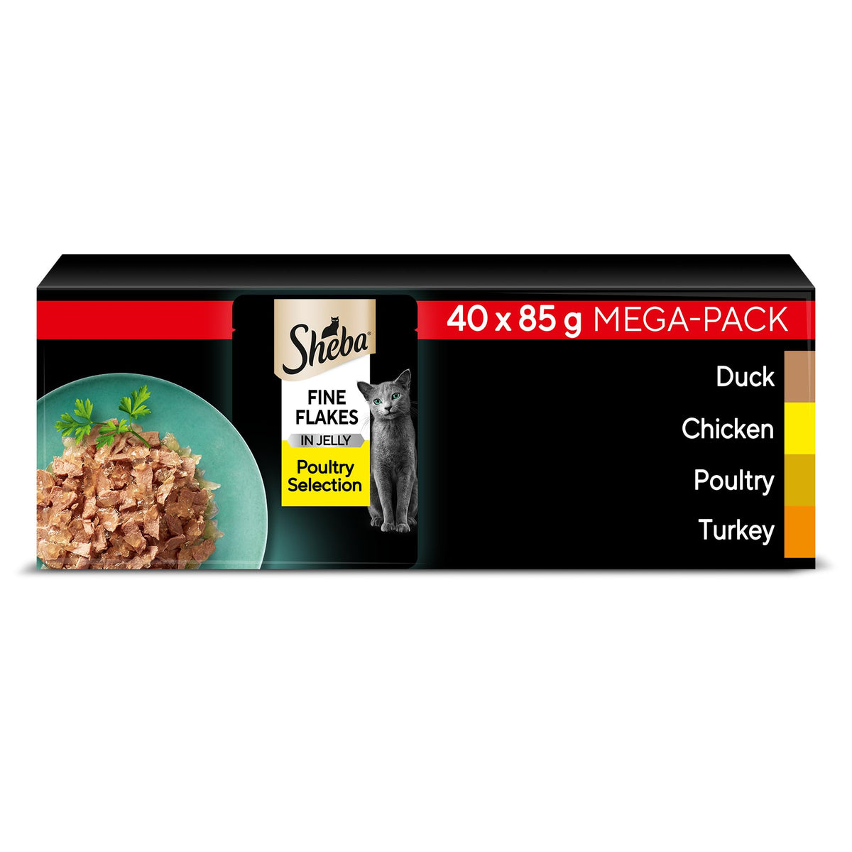 Sheba Fine Flakes in Jelly – Fish Collection – Wet cat food pouches for adult cats – 40x85g pack