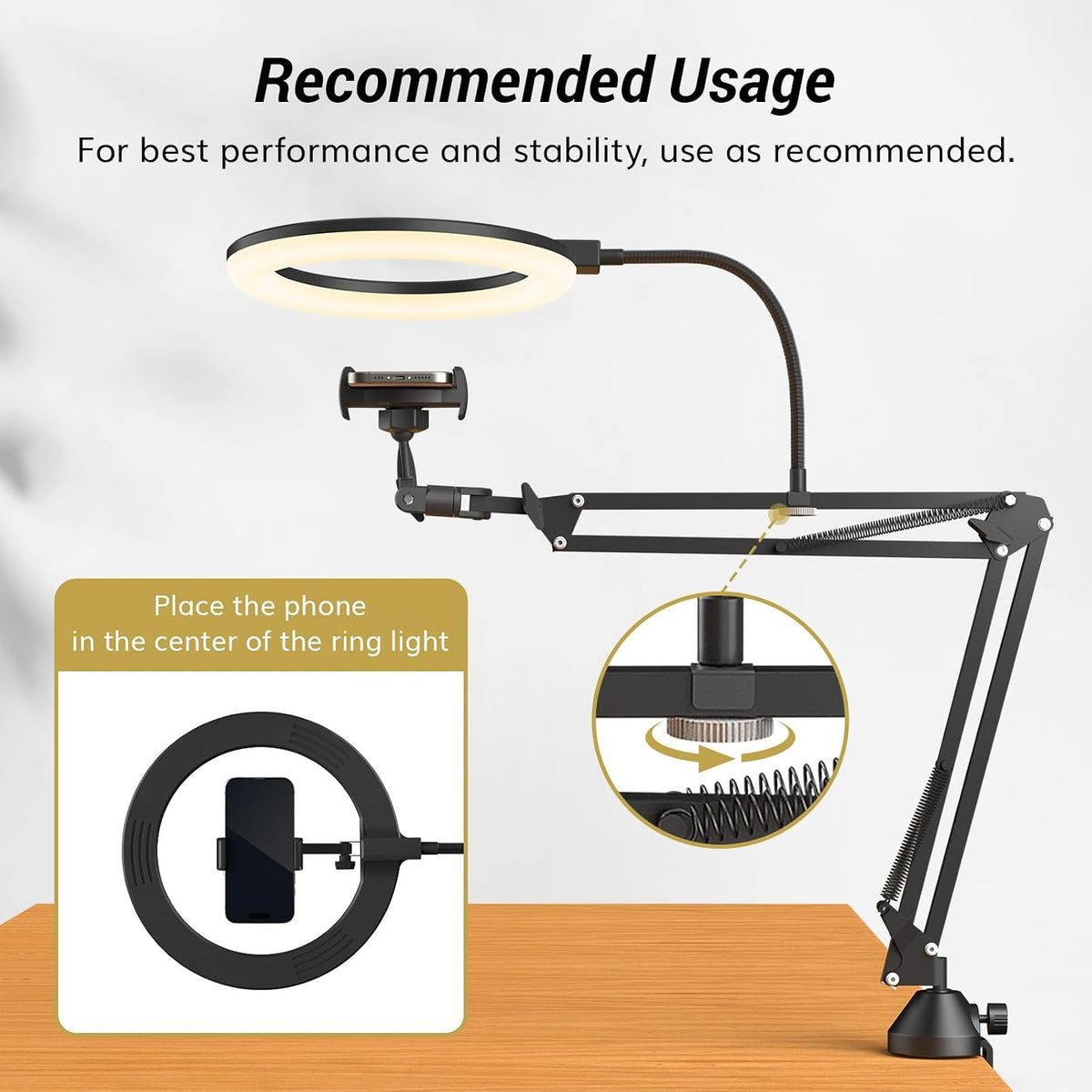 Overhead Ring Light 10 Inch Boom Arm Phone Holder Video Streaming TONOR Kit