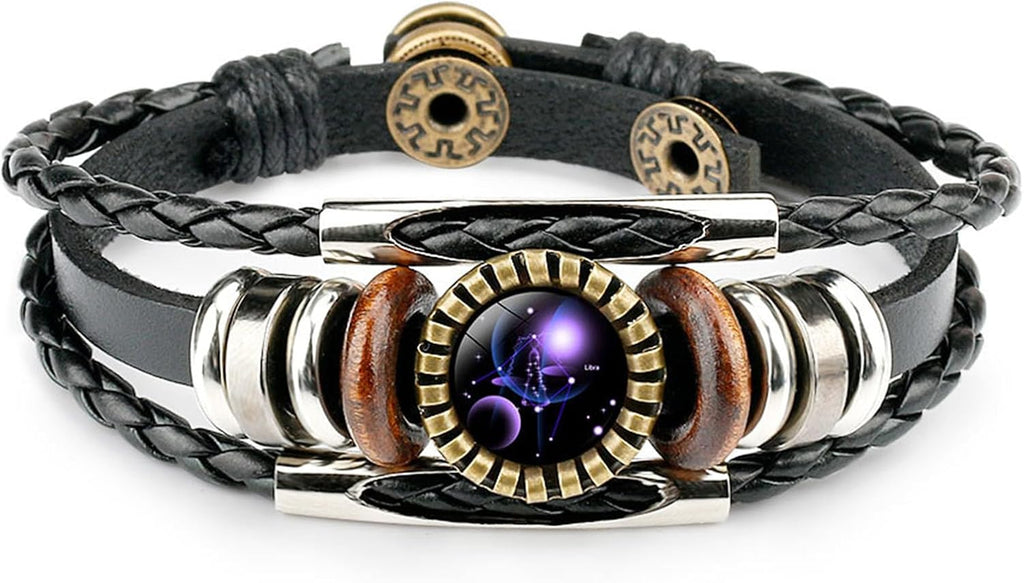 Constellation Black Braided Leather Bracelet Sagittarius Scorpio Pisces Braided Glass Dome Jewelry Punk Men's Bracelet
