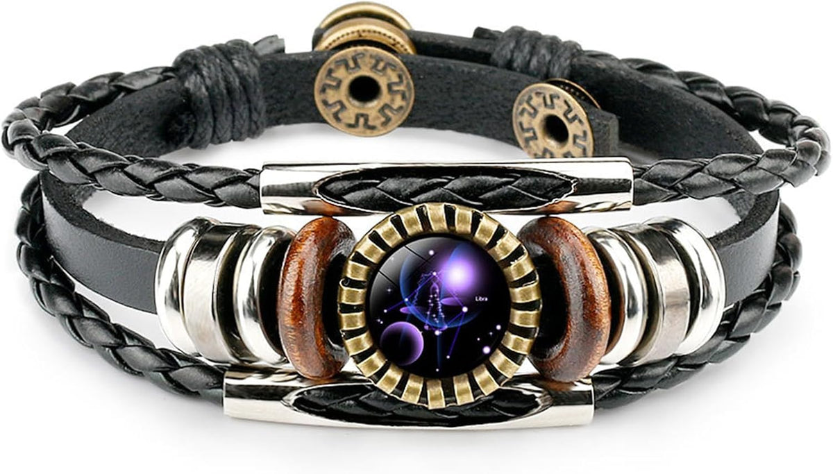 Constellation Black Braided Leather Bracelet Sagittarius Scorpio Pisces Braided Glass Dome Jewelry Punk Men's Bracelet