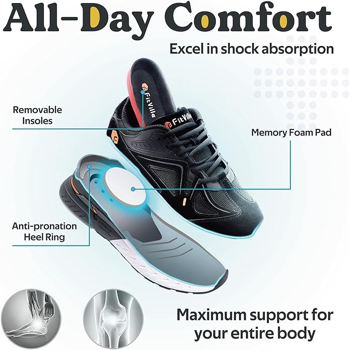 FitVille Mens Wide Fit Walking Shoes Extra Wide Arch Fit Heel Pain Relief