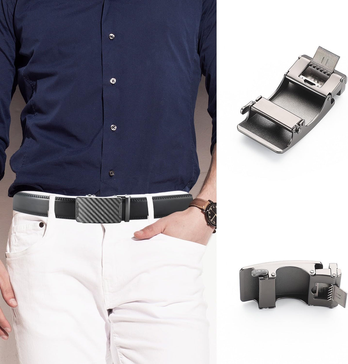 Men's Adjustable Leather Belt Strap & Zinc Alloy Automatic Ratchet Buckle, Customizable for Business Casual & Formal Wear