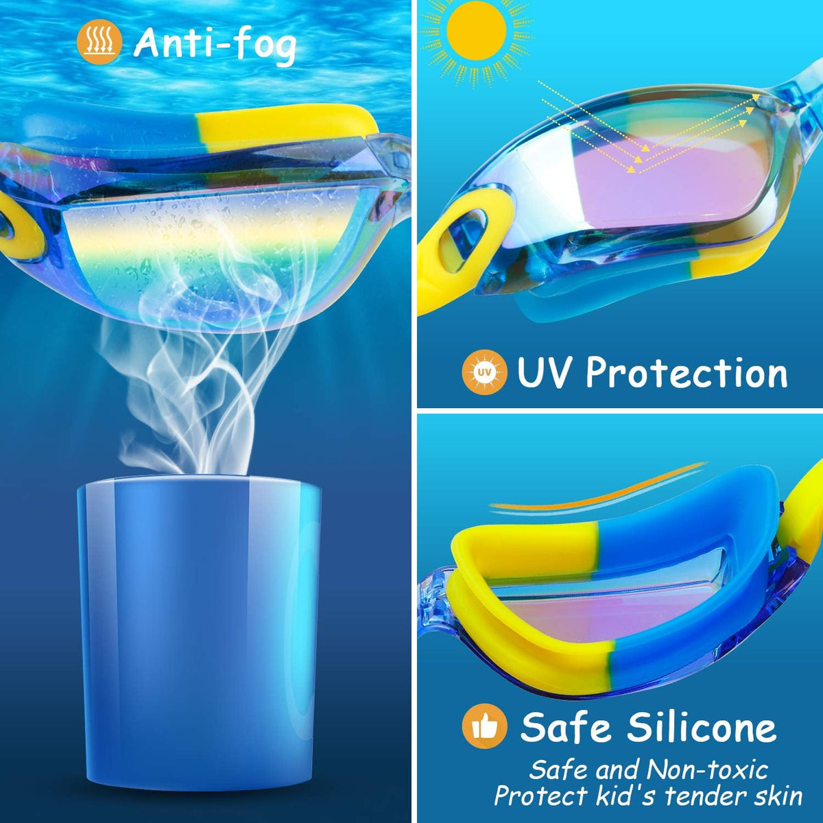 COOLOO Kids Swimming Goggles for Age 3-16, 2 Packs Anti-Fog Swim Goggles