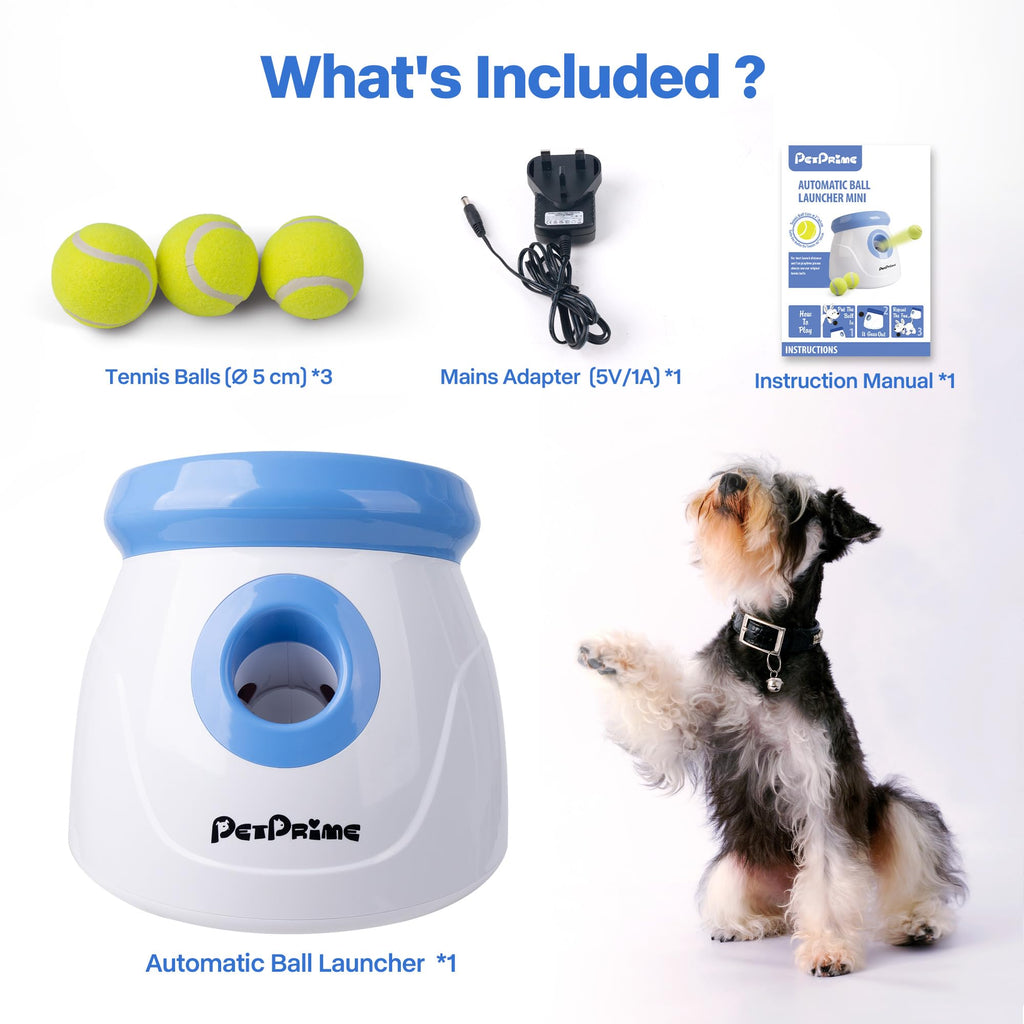 Pet Prime Automatic Dog Ball Launcher for Large Breed, Rechargeable Interactive Ball Thrower Toy with 10-40Ft, Fetch Machine with 6 Durable 2.5" Tennis Balls & Dog Whistle