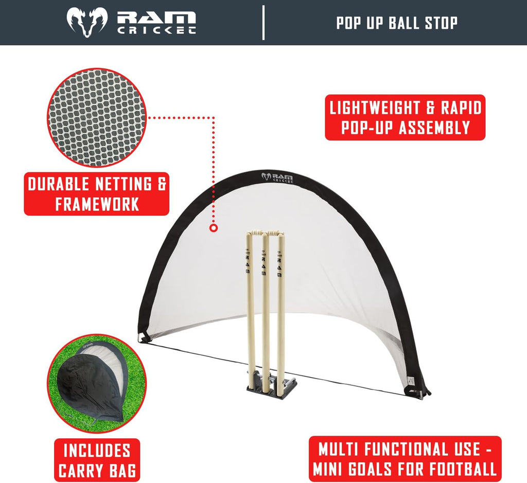 Ram Cricket pop-up ball stop net. Quick setup, portable for multi-sport use