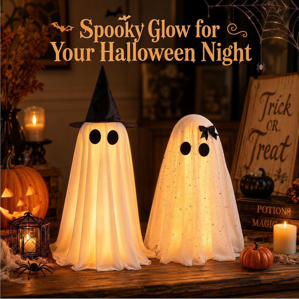 2 Pack Halloween Decorations Indoor & Outsoor, Spooky Light Up Ghost with Witch Hat, Glowing Ghost Table Decor with Sparkling Tulle & Elegant Bow, Halloween Decor for Table, Fireplace, Kitchen, Office