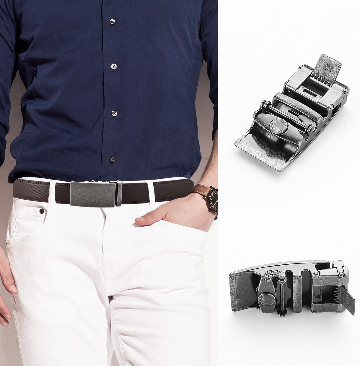 Men's Adjustable Leather Belt Strap & Zinc Alloy Automatic Ratchet Buckle, Customizable for Business Casual & Formal Wear