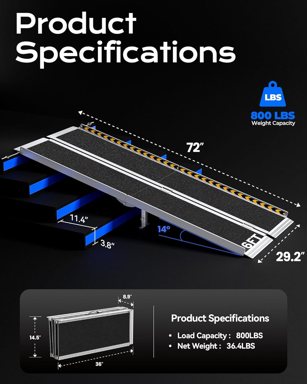 Wheelchair Ramp 6FT Foldable Aluminum 362KG Extra Wide Transition Plate Portable