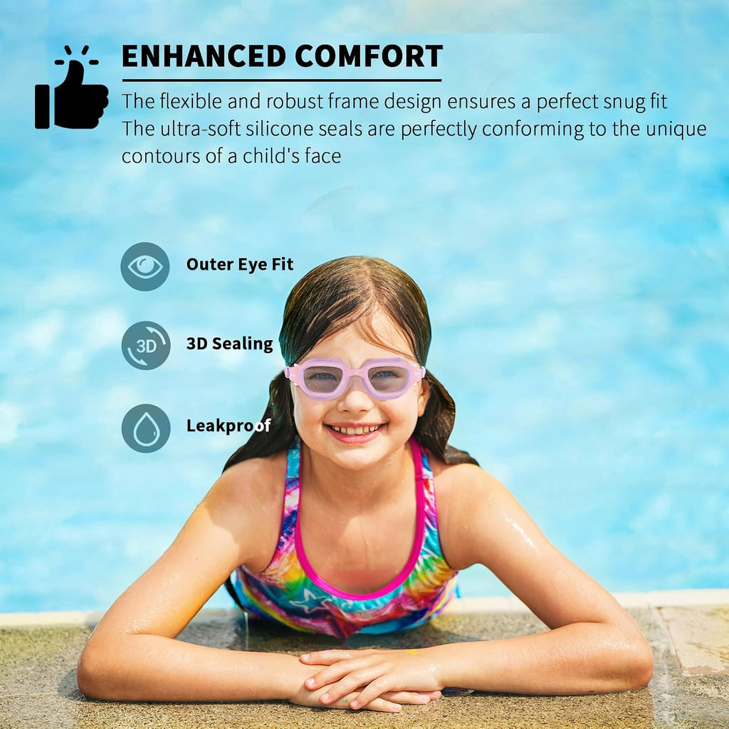 BEEWAY Kids Swimming Goggles for Boys Girls Age 6-14 Anti Fog & Leak Proof