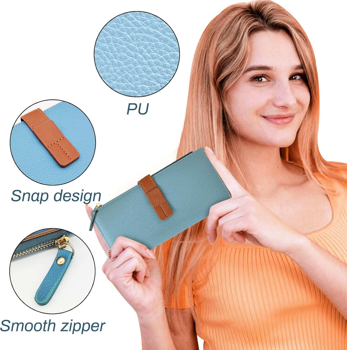 Women Wallet, PU Material Long Wallets for Women, Multiple Compartments Women Credit Card Holder with Zipper, Fashionable Slim Women Wallet for Travelling, Dating, Shopping, Blue, 7.4 x 3.9 x 0.7