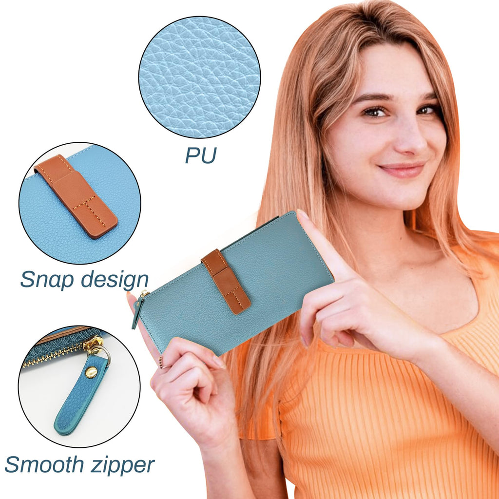 Women Wallet, PU Material Long Wallets for Women, Multiple Compartments Women Credit Card Holder with Zipper, Fashionable Slim Women Wallet for Travelling, Dating, Shopping, Blue, 7.4 x 3.9 x 0.7