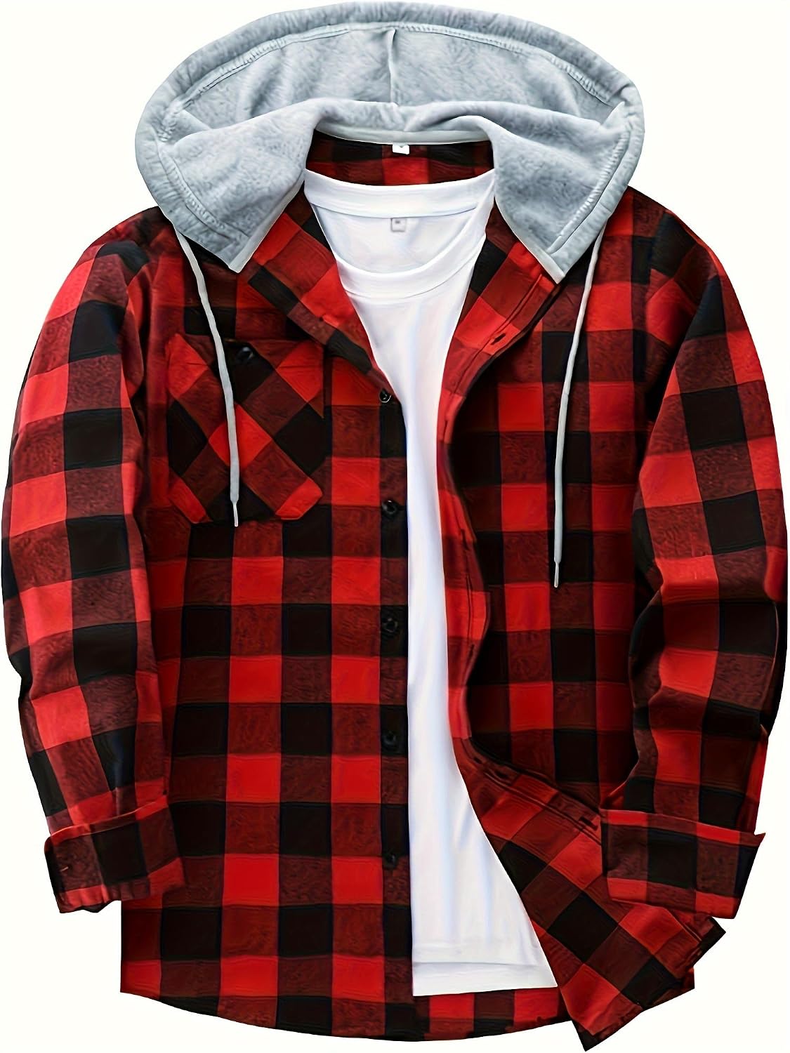 Men's Casual Plaid Hooded Shirt with Chest Pocket & Adjustable Drawstring - Stylish Long Sleeve Fall Casual Button-Up