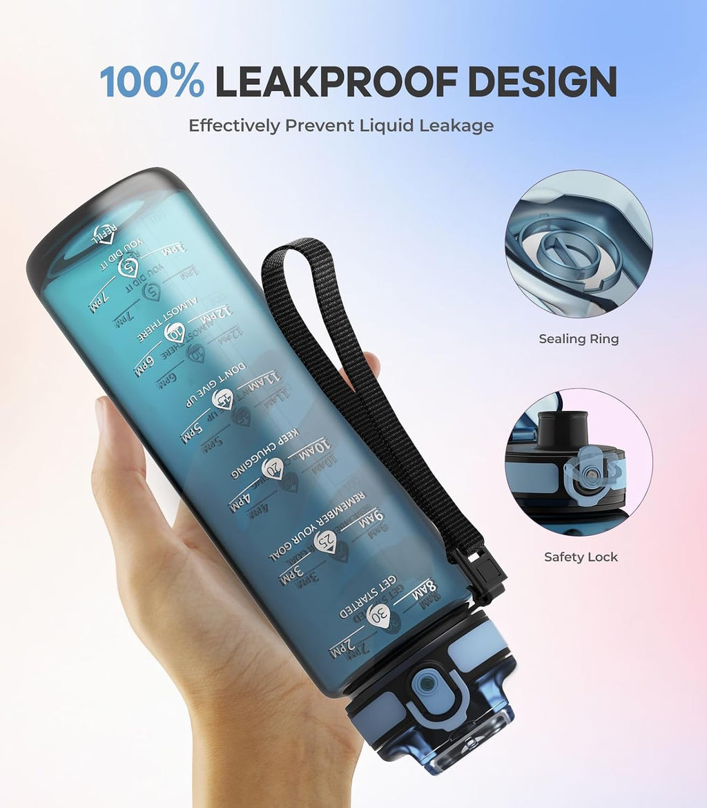 1L Water Bottle Made of BPA-Free Tritan Material, Sports Water Bottle with Removable Straw & Hydration Time Markerings, Ideal for Gym, Travel, Home, School and Outdoor Activities - Dusty-Blue