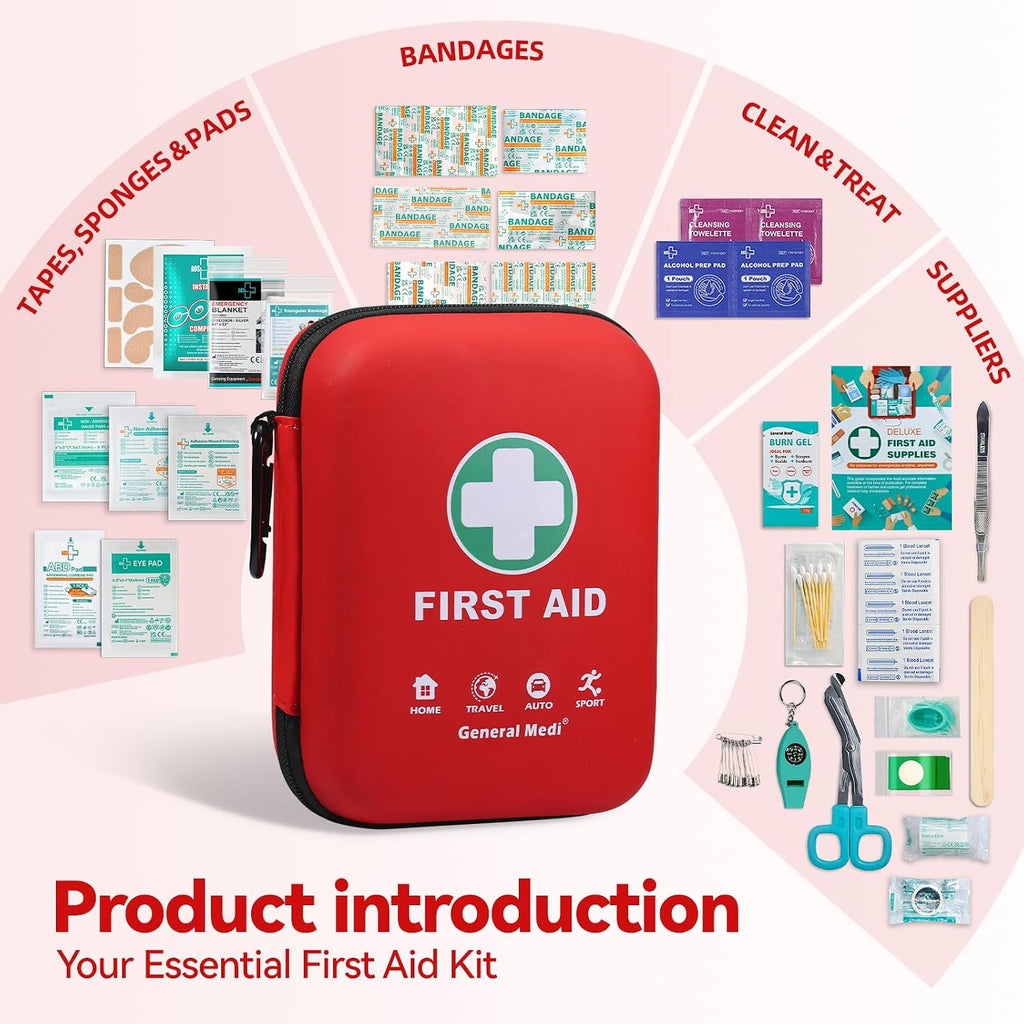 First Aid Kit - 170 Pieces Hard Case and Lightweight - Includes Instant Cold Pack,Emergency Blanket for Travel, Home, Office, Vehicle
