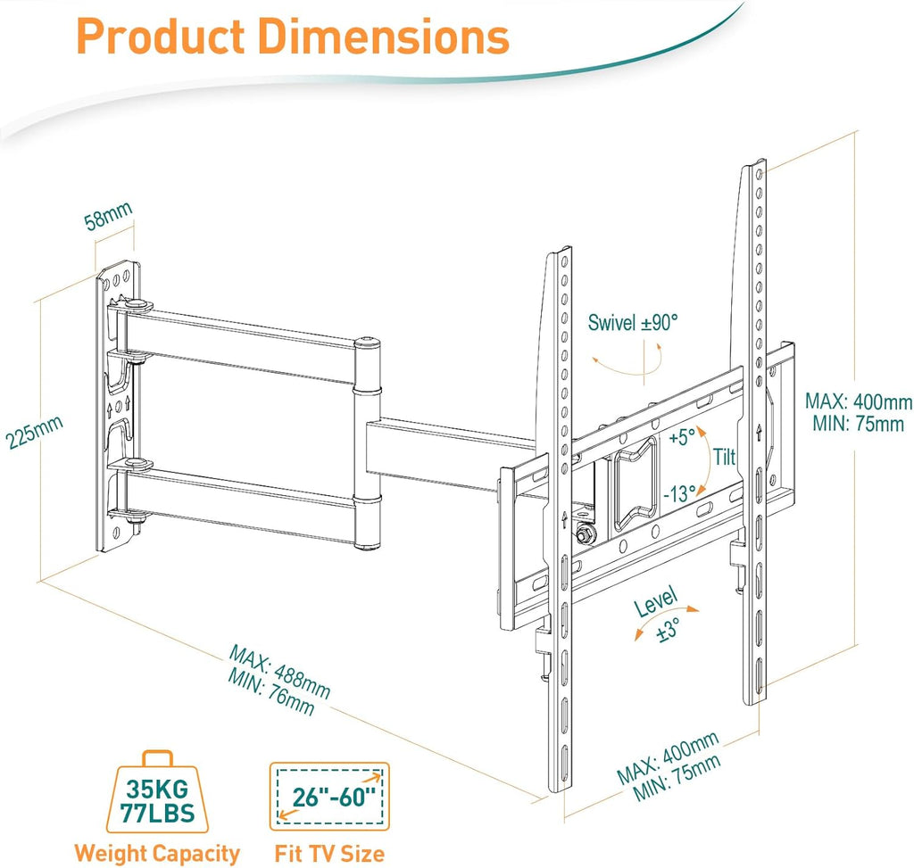 Tilt Swivel TV Bracket 26-60 Inch Corner Wall Mount up to 35KG ELIVED