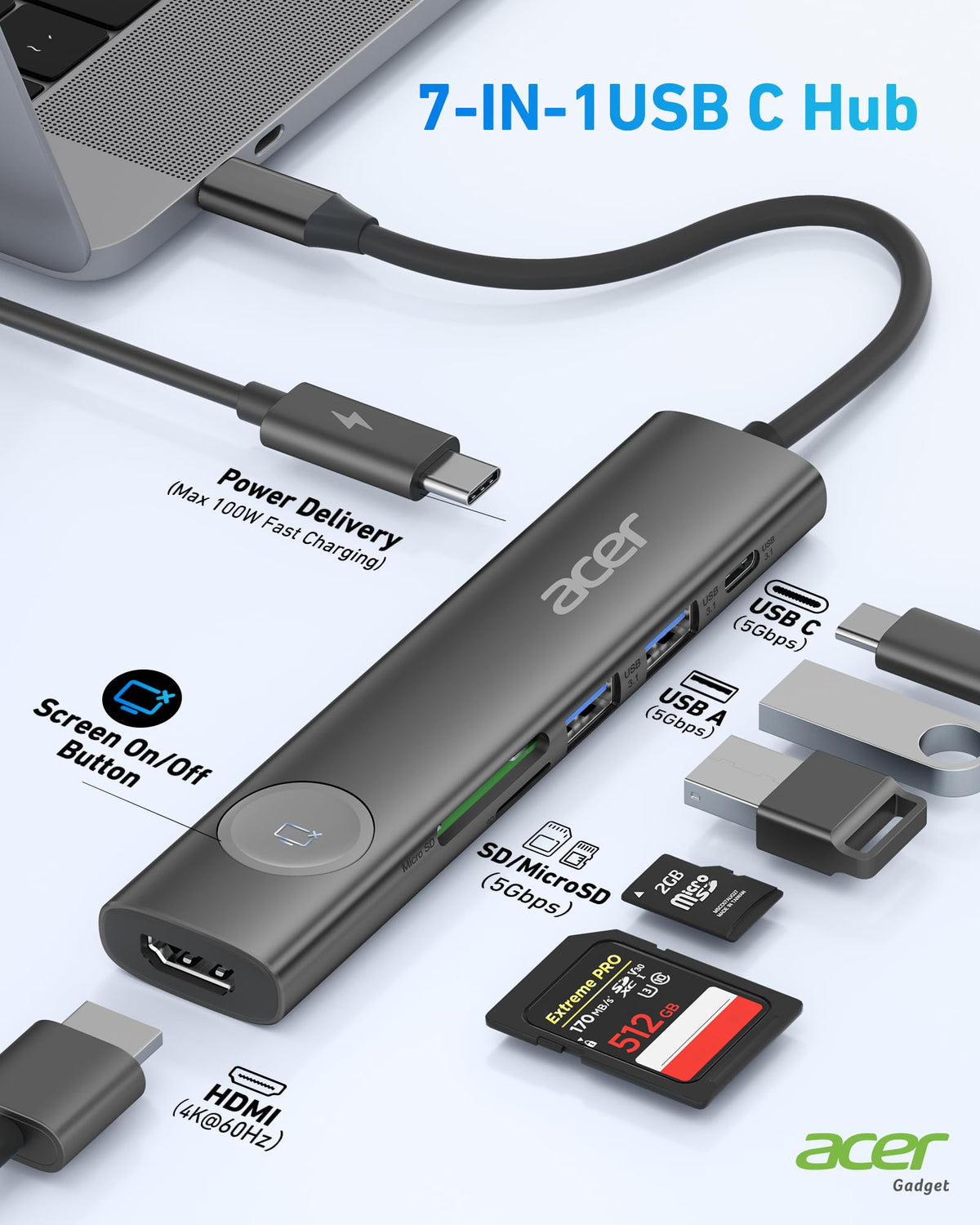 Acer 7IN1 USB C Hub, USB C to HDMI Adapter 4K@60Hz for Laptop, Mac