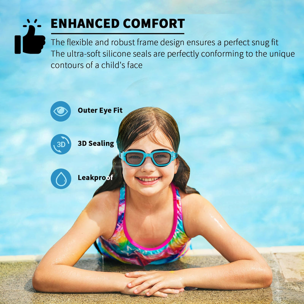 BEEWAY Kids Swimming Goggles for Boys Girls Age 6-14 Anti Fog & Leak Proof